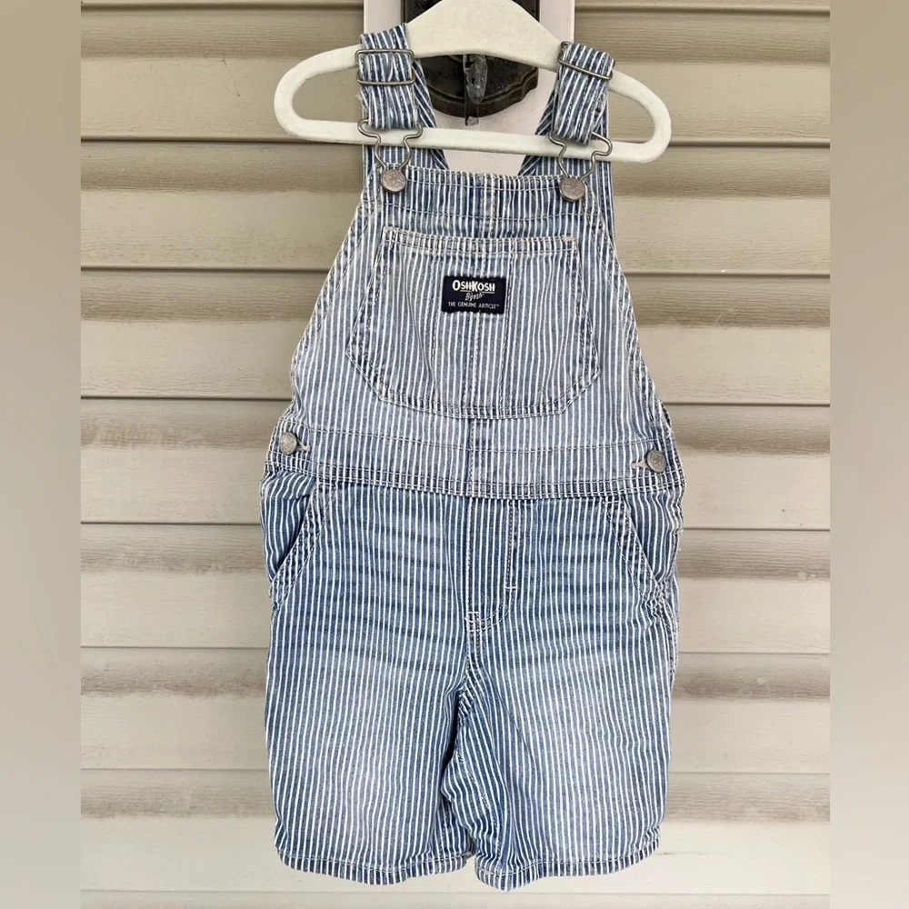 Oshkosh B’Gosh Boys Sz 24 Months Blue & White Striped Denim Conductor Overalls